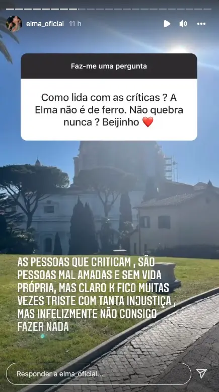 Elma Aveiro admite que lida bem com críticas e garante que "as pessoas que criticam são pessoas mal amadas e sem vida própria".
