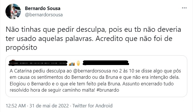 Bernardo Sousa pede desculpas a Catarina Siqueira