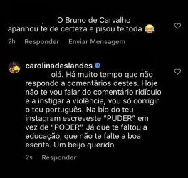 Carolina Deslandes respondeu à letra a um comentário que recebeu, que envolvia violência e Bruno de Carvalho.