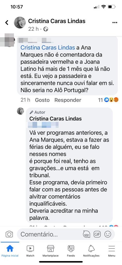 Cristina Caras Lindas mostrou-se indignada com alguns comentários sobre si, feitos por Ana Marques e Joana Latino no programa Passadeira Vermelha, da SIC.