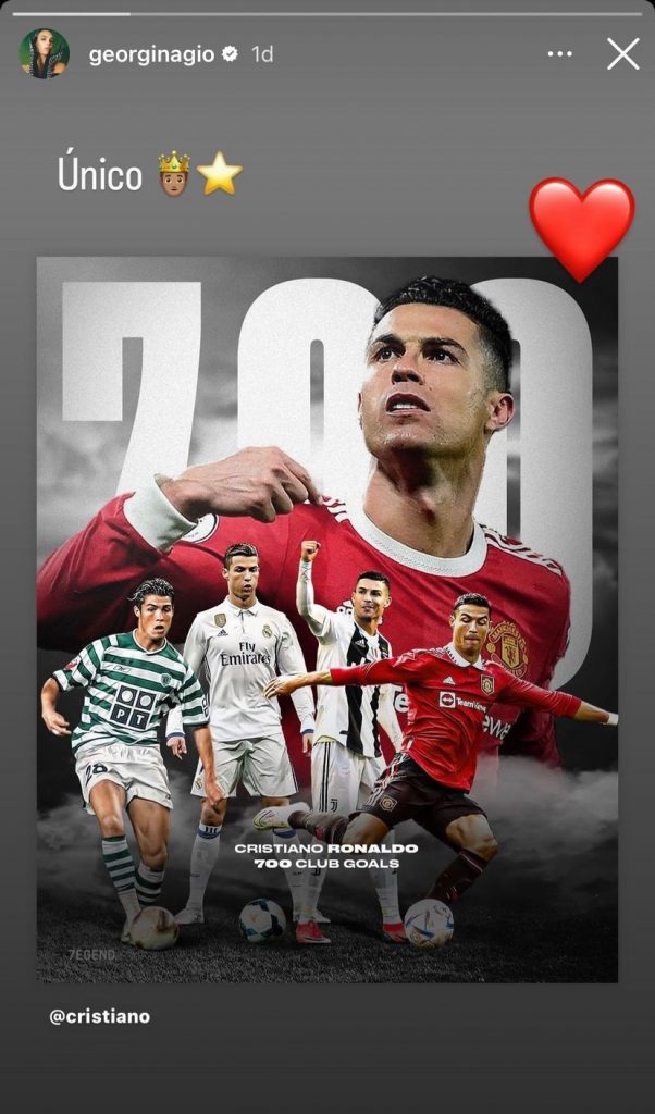 Cristiano Ronaldo marcou o golo 700 ao serviço de clubes e Georgina Rodríguez não deixou passar em branco o novo recorde do namorado.