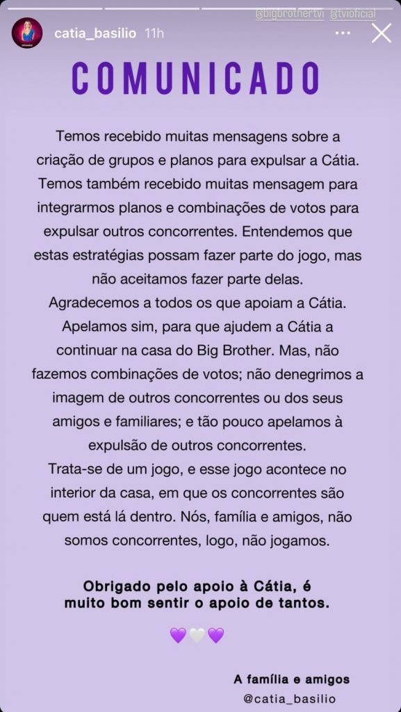 A família de Cátia Basílio denunciou tentantivas de "planos e combinações" para tentar expulsar concorrentes do Big Brother.