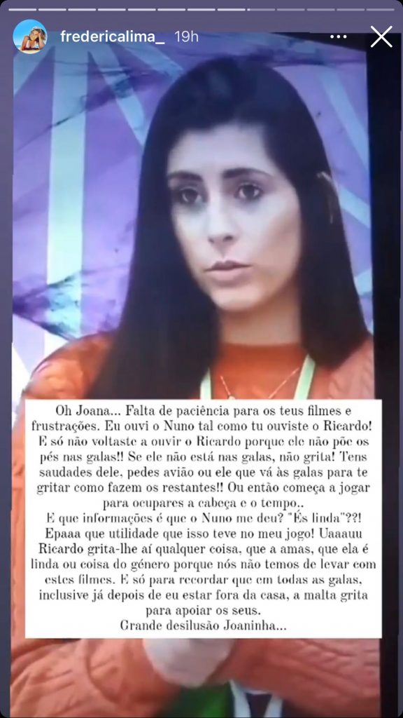 Frederica Lima continua atenta ao que se passa no Big Brother e ao ver o seu nome ser mencionado por Joana Schreyer, reagiu.