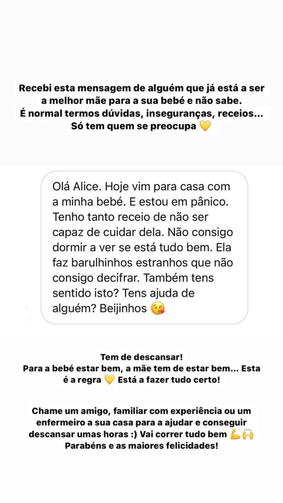 Alice Alves recebeu uma mensagem de uma seguidora que foi mãe pela primeira vez no dia 14 de outubro: "Estou em pânico". A apresentadora da TVI não hesitou em ajudar.