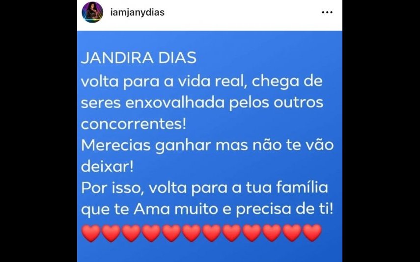 Mensagem dos familiares de Jandira Dias, concorrente de "O Triângulo"